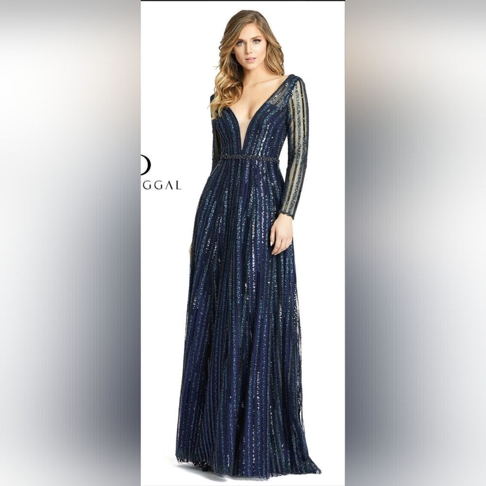 Mac Duggal 11184 Plunging Striped Sequin Gown NWOT size 18 Midnight Blue